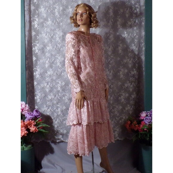 Vintage 80s Dress 1980s Pink Lace Ruffle Wedding Cocktail Pretty Size Medium - Picture 4 of 6